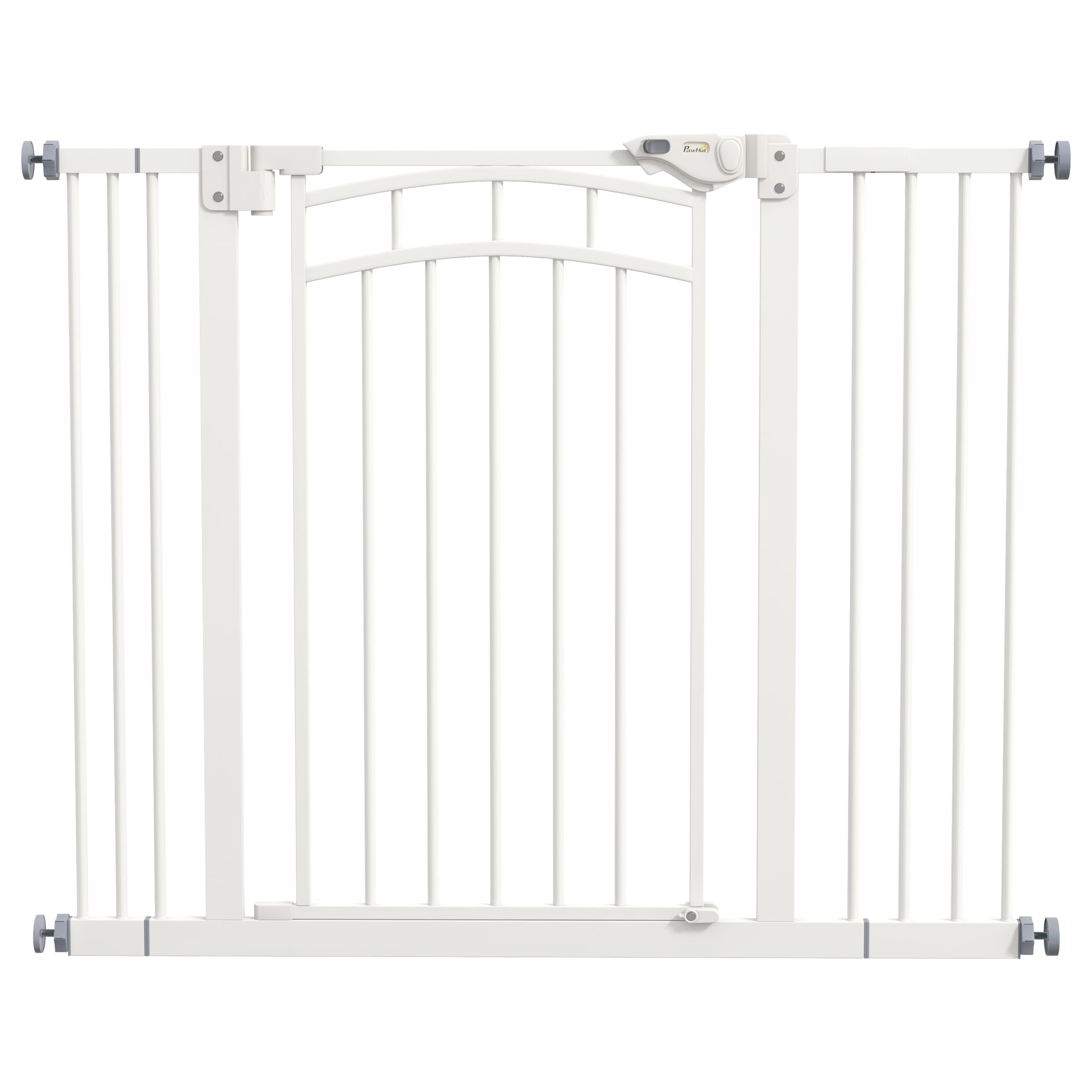 PawHut Stair Gate Dog Door Gate with Two Extensions, Barrera para Perros con Puerta de Cierre automático, Apertura con una Sola Mano, 74-100 cm, para Perros pequeños y medianos, Blanco