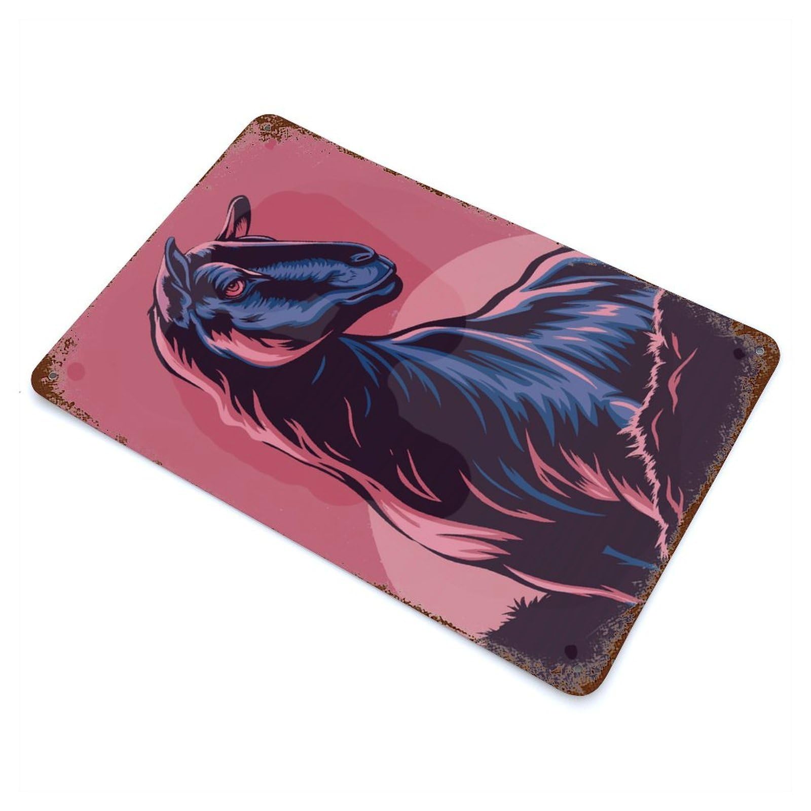 Stylized Goat Portrait with Pink Background Rustic Tin Plaque 11.8"x7.9", for Shed, Workshop And Garage Wall Decor, Rustic Home Decor