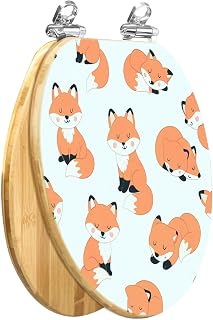 Elongated Toilet Seat Wooden Cute foxes seamless Cartoon funny red mammals tails forest animals Wood Toilet Seat Slow Quiet Close Lid with Quick-Release Hinges Cover Bumpers Easy to Clean Install