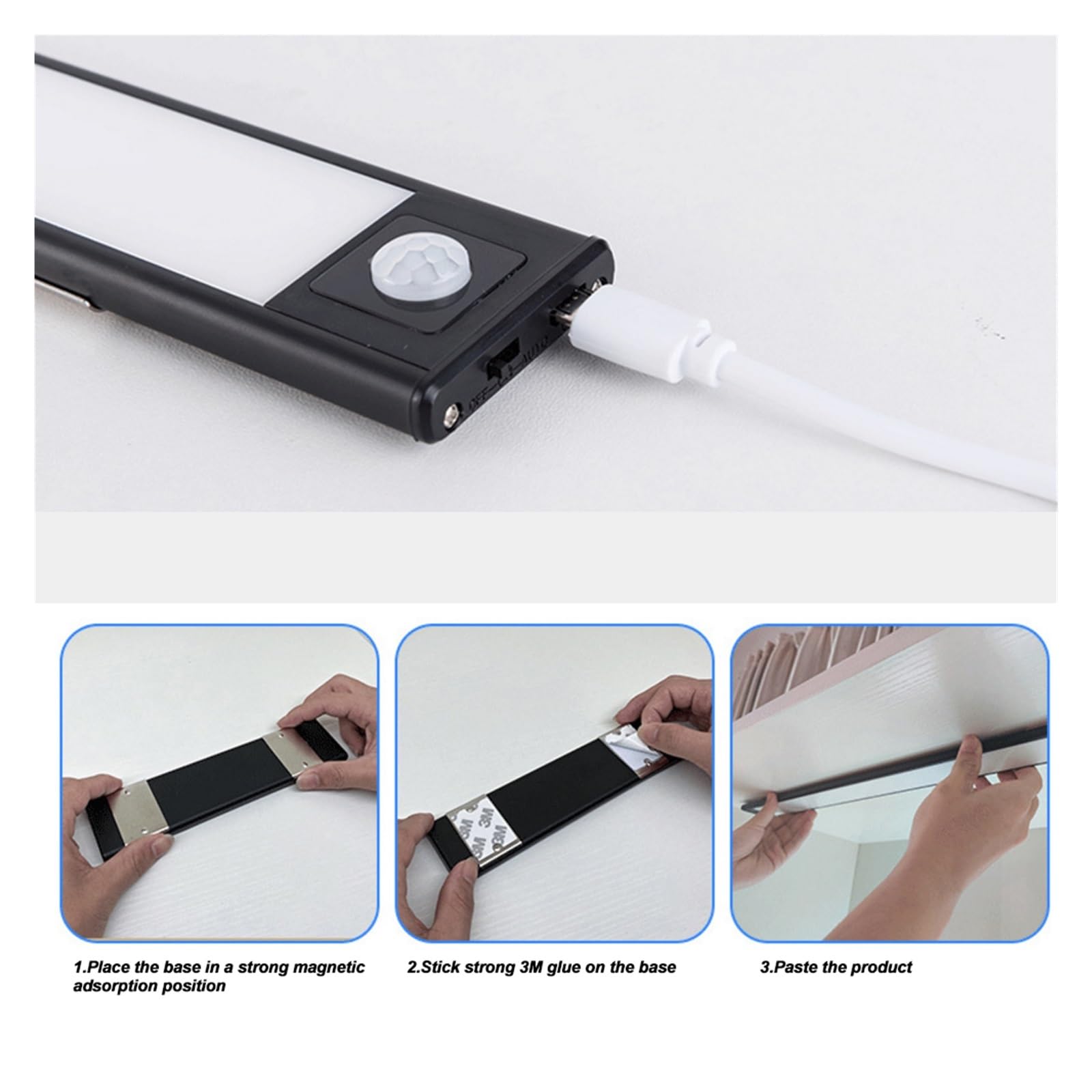 Sensor De Luz LED Por Movimiento PIR 20/40cm, Luces Térmicas For Debajo Del Gabinete, Lámpara Aluminio Ultrafina Recargable USB, Nocturna Detector De Movimiento(White 20cm,Hand Sweep)
