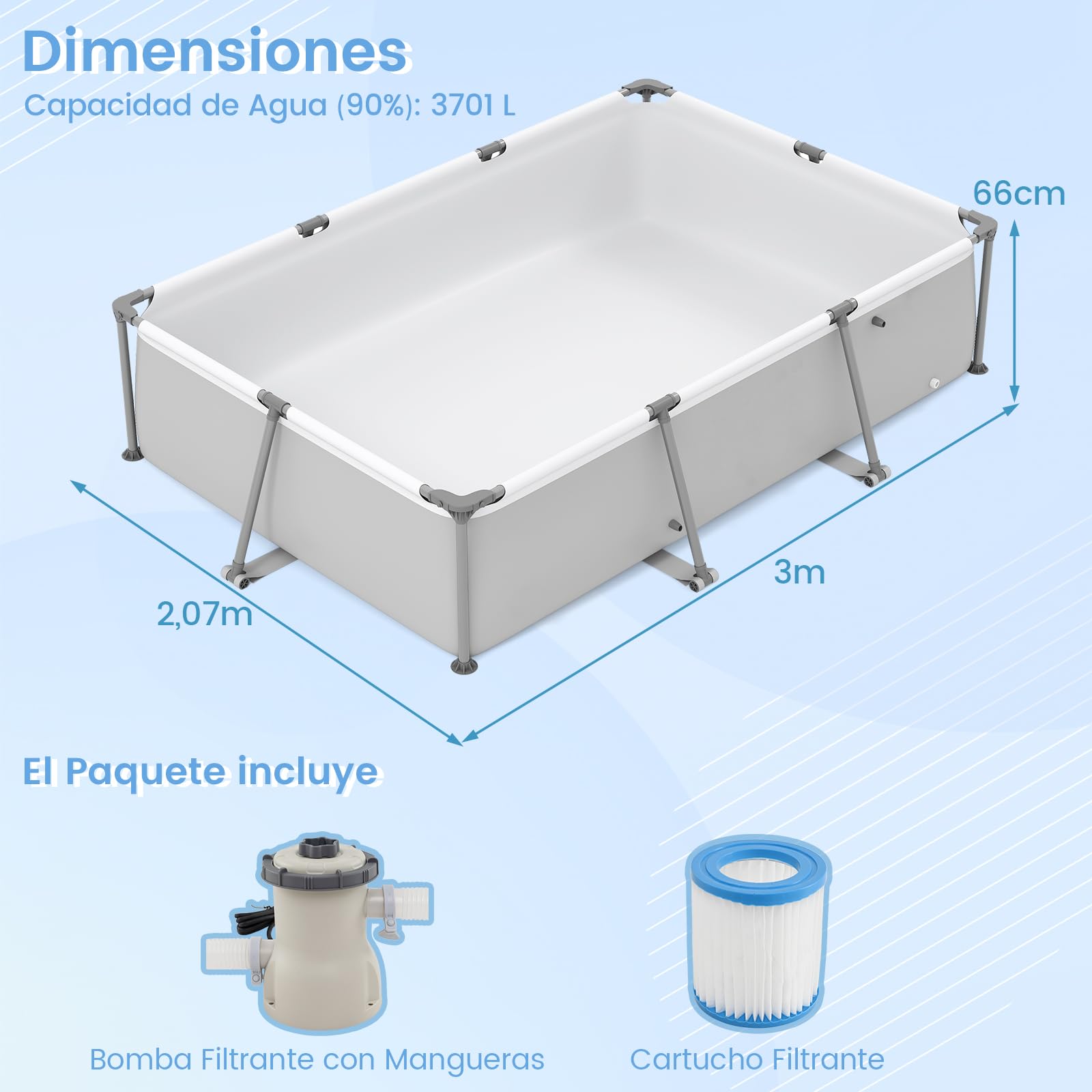 RELAX4LIFE Piscina Desmontable Rectangular 3701L con Estructura Metálica Revestida, Paredes PVC de 3 Capas, Depuradora y Bomba para 3-5 Personas, Piscina Rectangular para Niños, Montaje Rápido (Gris)