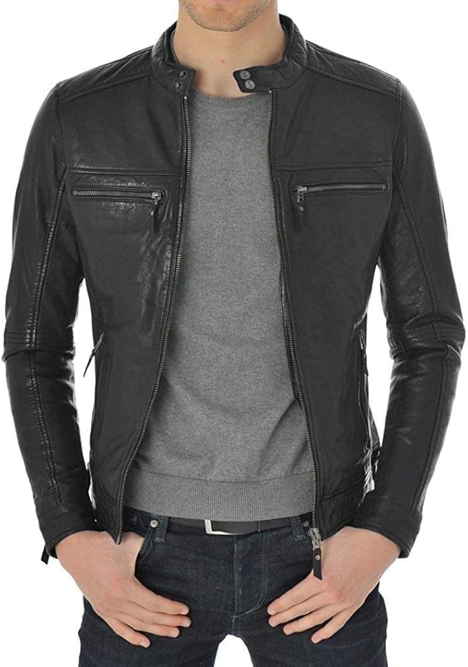 Image of Luis Leather Mens Slim Shady Black Lambskin Leather Jacket, Biker Jacket