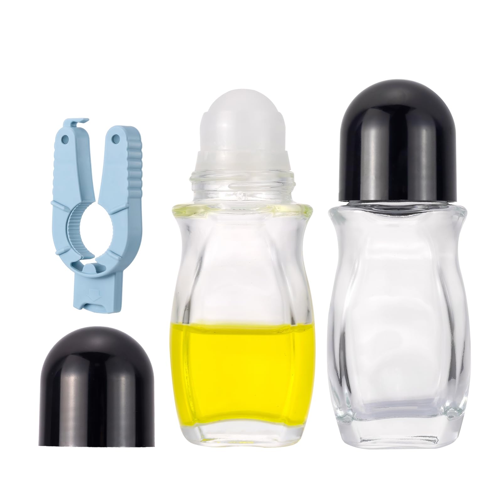 Kesell 50ml Clear Roll On Bottles Empty Roller Ball Deodorant Containe with Black Cap and Opener 2PCS Glass Roller Bottles for Essential Oils,Perfume
