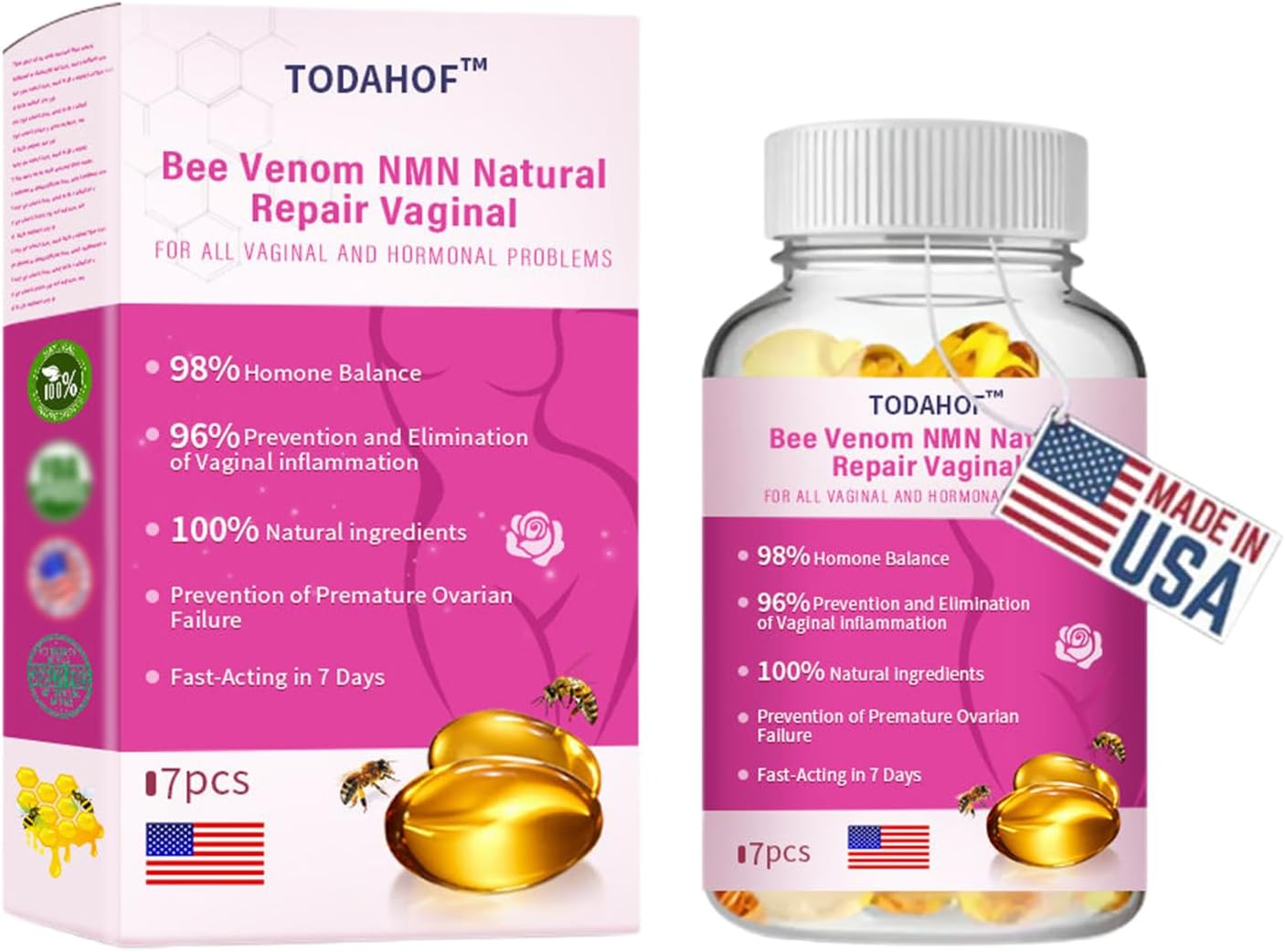 TODAHOF Bee Venom Natural Repair Vaginal Capsules, Professional Bee Venom Vaginal Capsules, TODAHOF Bee Venom Tighten Capsules, Instant Anti-Itch Detox Slimming Products(4 Bottle)