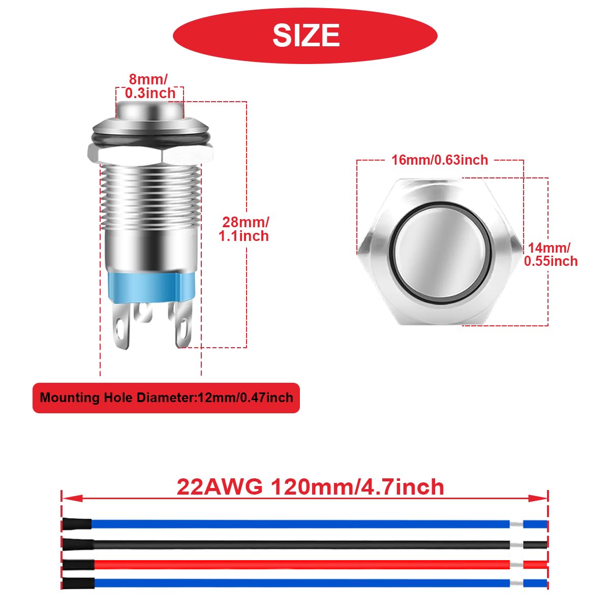 6 szt. 12 mm chwilowy przycisk LED czerwony/niebieski/zielony ze srebrną obudową DC 12 V 3 A 4-pinowy 1NO SPST IP65, wodoszczelny, okrągły metalowy przełącznik, przycisk ze stali nierdzewnej