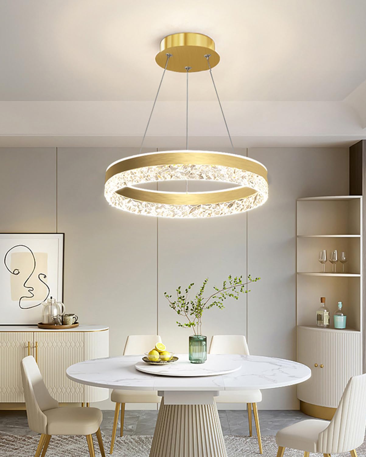 Deliouay Modern Glam Round Pendant Lamp, Dimmable Dining Table Lamp with Remote Control, Gold, Ø50cm, For Living Room, Kitchen, Dining Room