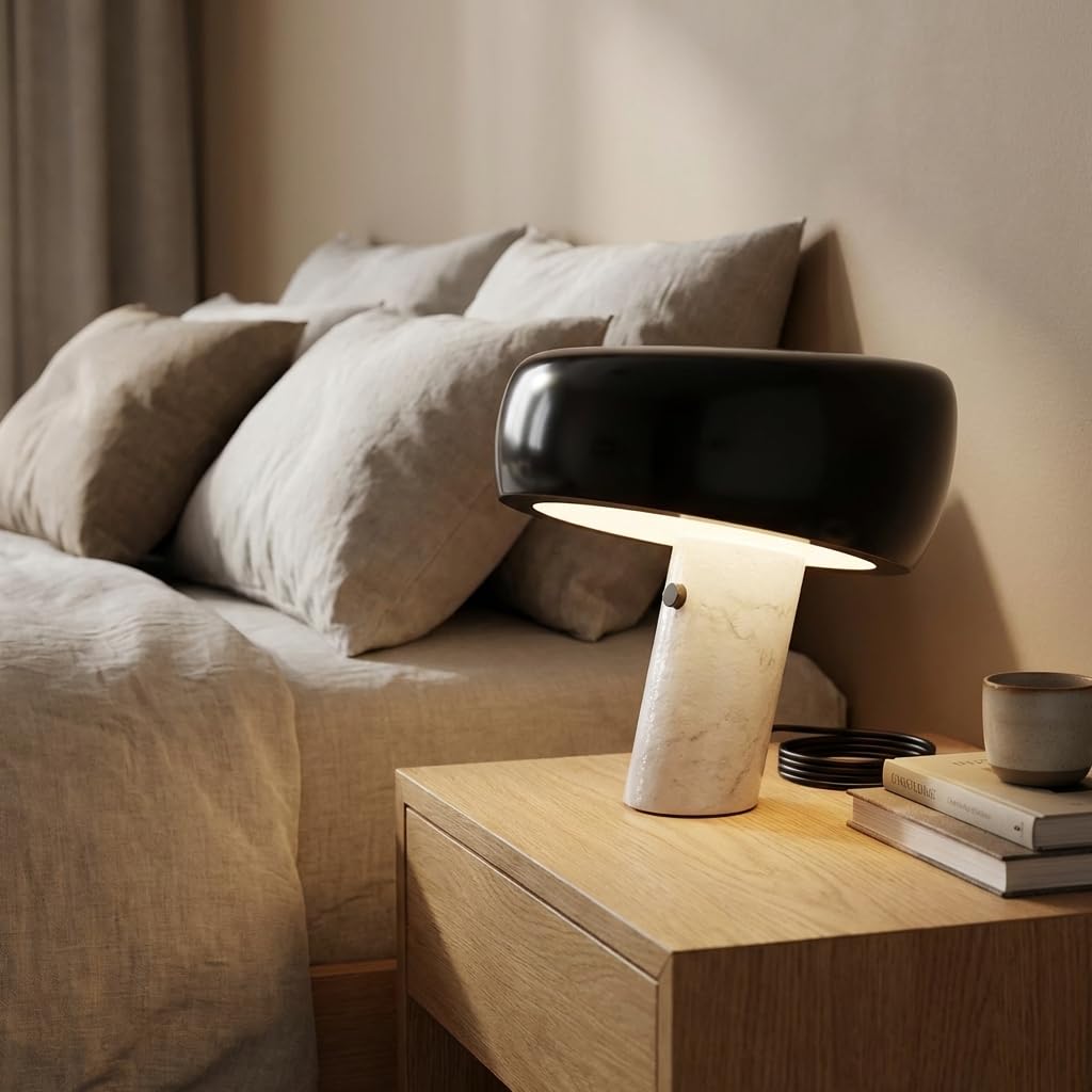 BARCELONA LED Lámpara de Mesa Moderna Negra con Base de Mármol Blanco, Diseño Clásico y Lujoso para Escritorio, Mesita de Noche o Sala, Estilo Retro y Elegante Pequeña Luz Directa E27, 28cm