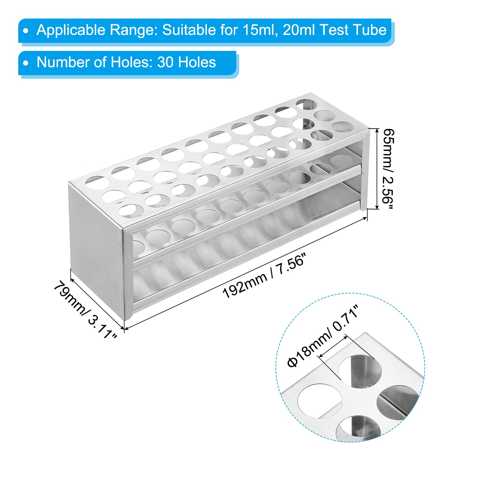 PATIKIL Soporte Para Tubos De Ensayo 30 Agujeros 18mm 304 Acero Inoxidable Plateado