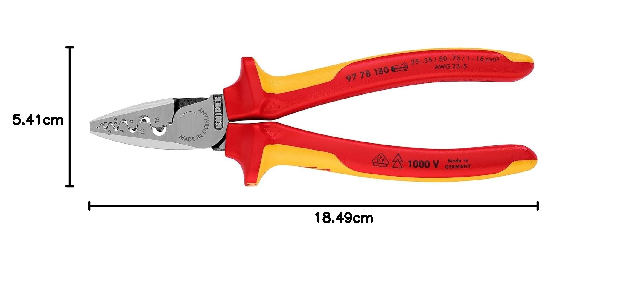 KNIPEX Crimpzange für Aderendhülsen isoliert mit Mehrkomponenten-Hüllen, VDE-geprüft 180 mm, 97 78 180