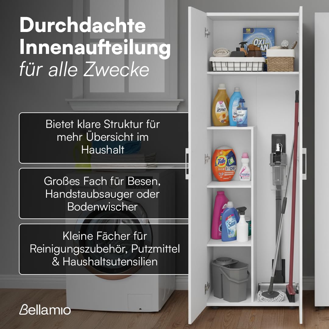Bellamio Apol Besenschrank - Mehrzweckschrank in Weiß - Vorratsschrank mit Staubsaugerfach - Putzschrank aus Holz - Flurschrank mit Stauraum - Haushaltsschrank - Allzweckschrank 176x33x60 cm