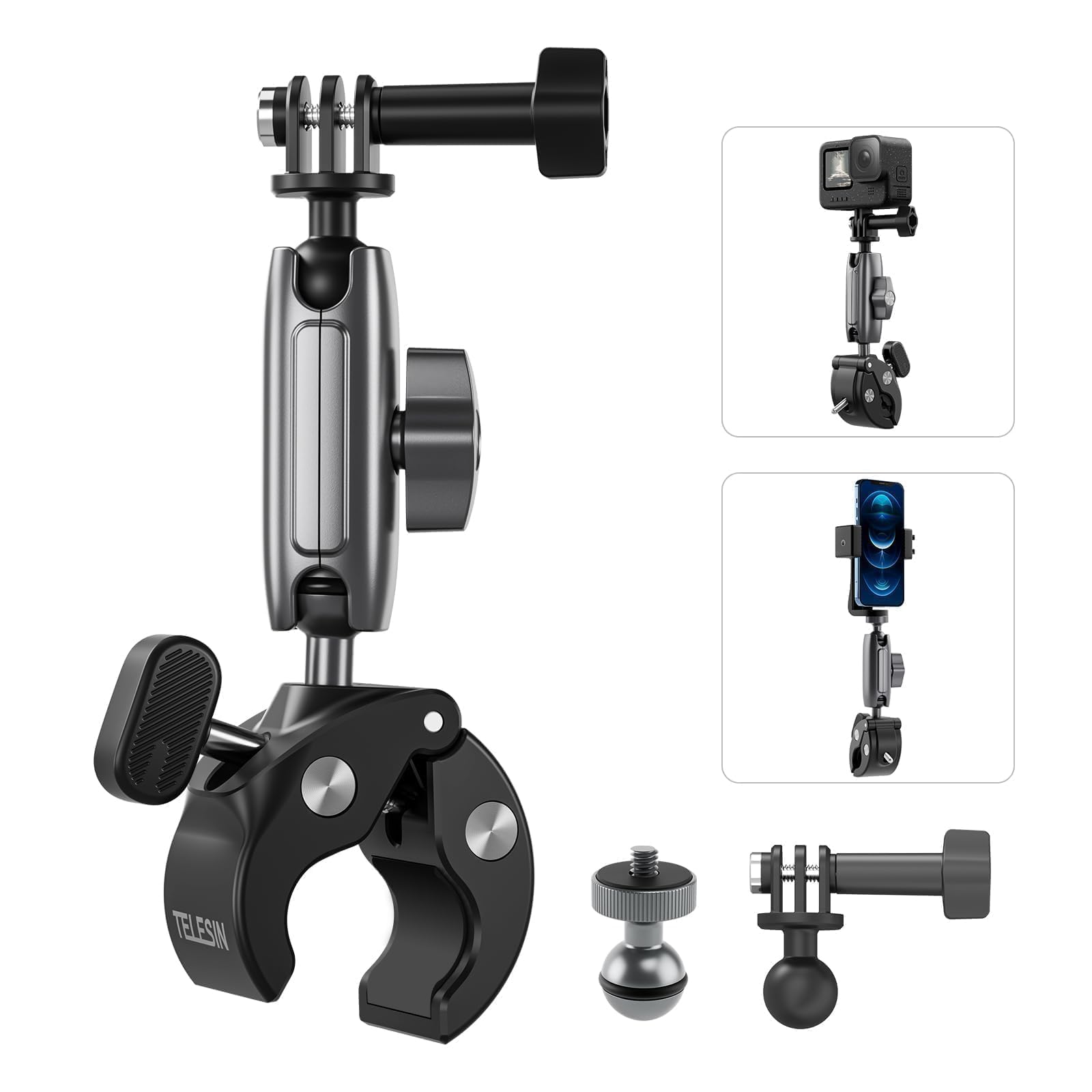 TELESIN Supporto Moto/Bicicletta per DJI Osmo Action 6/5 Pro/4/3, Pocket 4/3, Nano, GoPro Hero 13/12/11/10/9, Insta360, con Doppia Testa a Sfera 360° e Adattatore 1/4"-20mm, Accessori per Action Cam