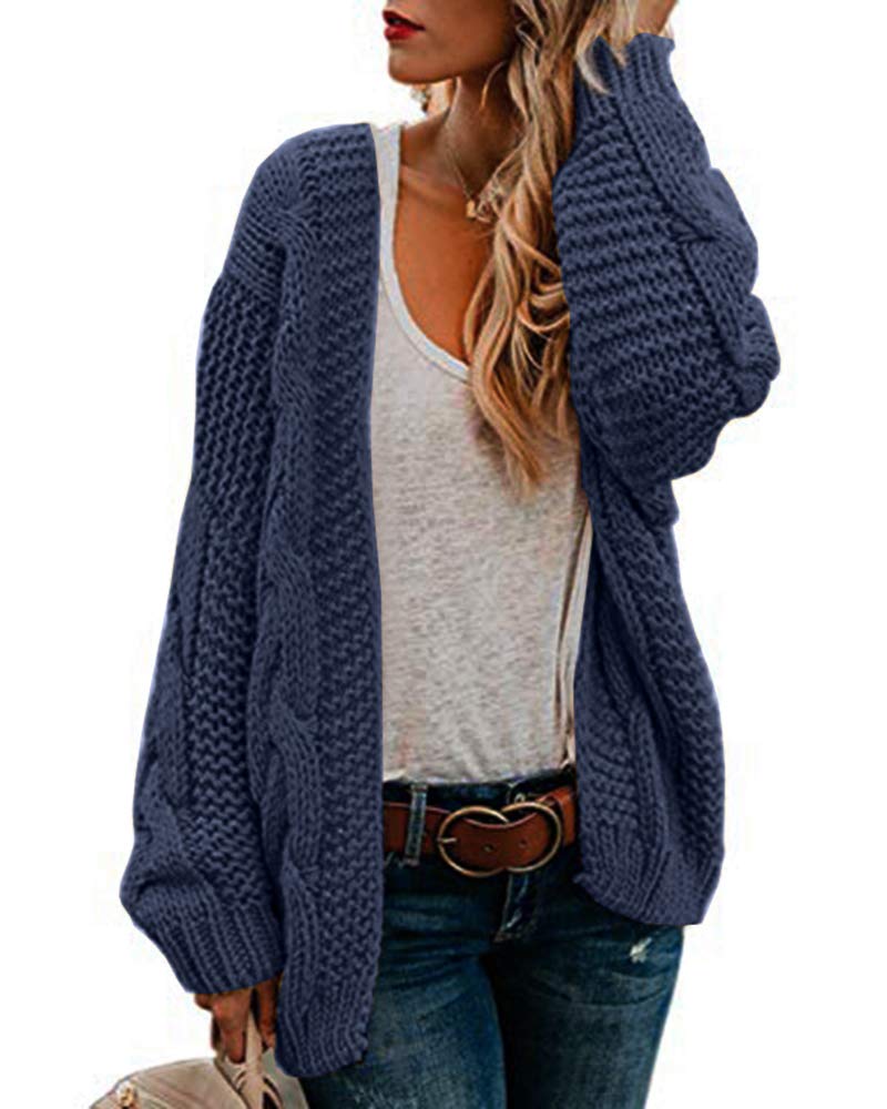 Ferrtye Women's Blue Oversized Chunky Open Front Cardigan Sweaters Cable Knit Long Sleeve Cardigans Outwear Coats, L