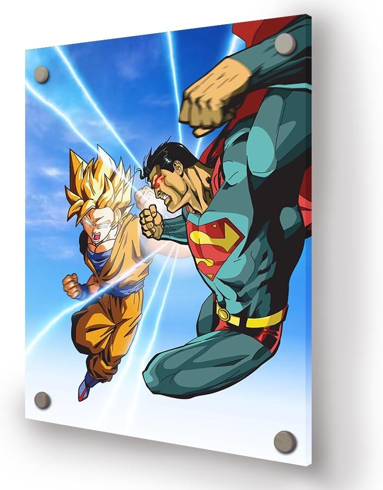 Superman Vs Goku Animated Comic, Size: 60" x 40" (150cm x 100cm Approx), Superhero Anime Comic Perspex Acrylic Art Print (PERSPEX MOUNT)