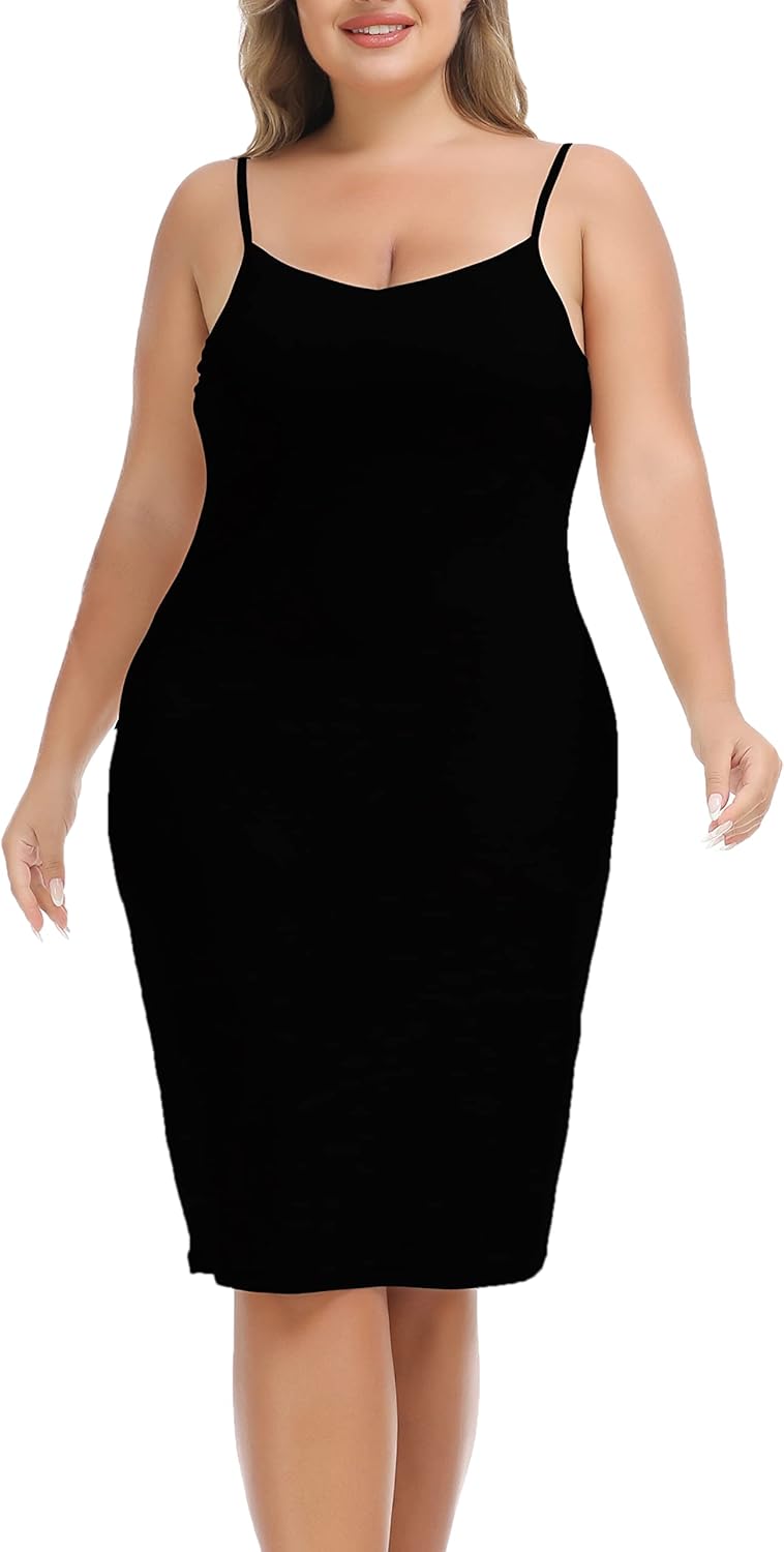 Vlazom Women's Plus Size Full Slip Dresses V-Neck Soft Nightgown Adjustable Spaghetti Strap Mini Casual Dress Under Dresses
