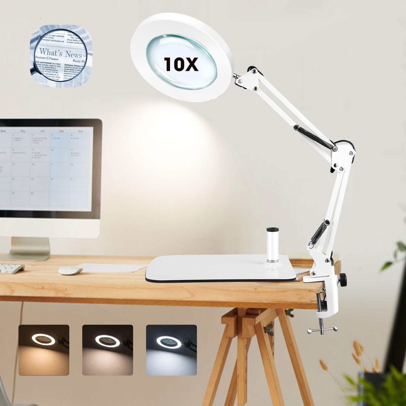 Towwoo Lampada con Lente d'Ingrandimento, 10X Lente d'ingrandimento da Tavolo con Luce e Supporto, 72 LED Dimmerabili, 3 Colore e 10 Livelli di Luminosità, per Lettura, Riparazione, Artigianato