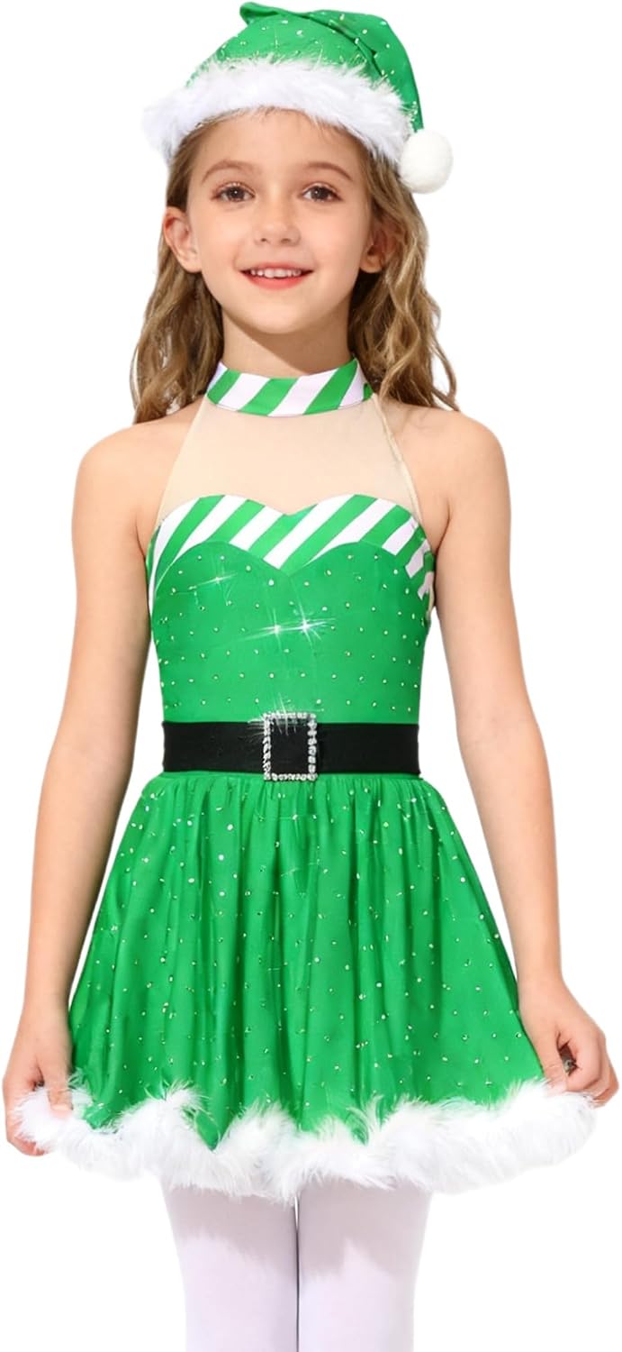 Girls Christmas Ice Skating Dress Sleeveless Candy Cane Striped with Santa Hat Dance Suits