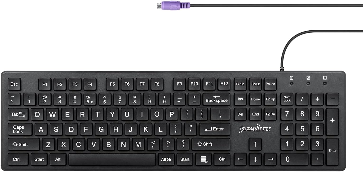 PERIBOARD-117P Wired PS2 Full Size Keyboard - Big Print Letters - Black - US English