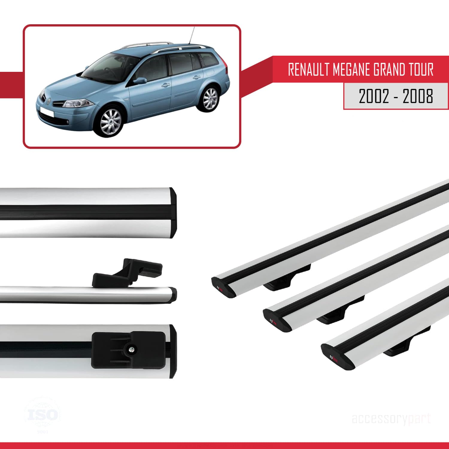 Bagażnik dachowy kompatybilny z Renault Megane Grand Tour 2002-2008 Basic Model, bagażnik dachowy, szary, aluminium, 3 drążki