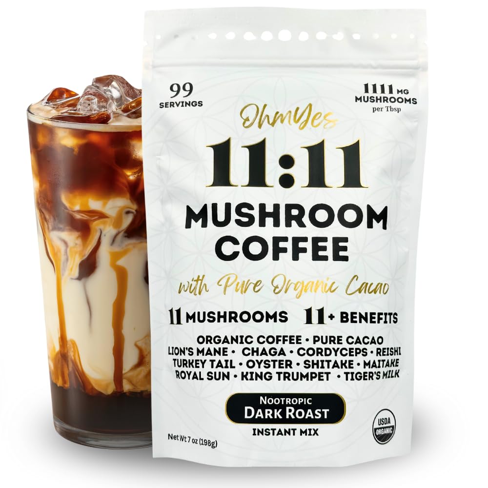 11 Mushroom Coffee + Cacao – Organic Superfood Blend with 11 Functional Mushrooms Lion's Mane, Reishi, Chaga, Cordyceps & Theobromine – Natural Focus & Energy (7 oz)