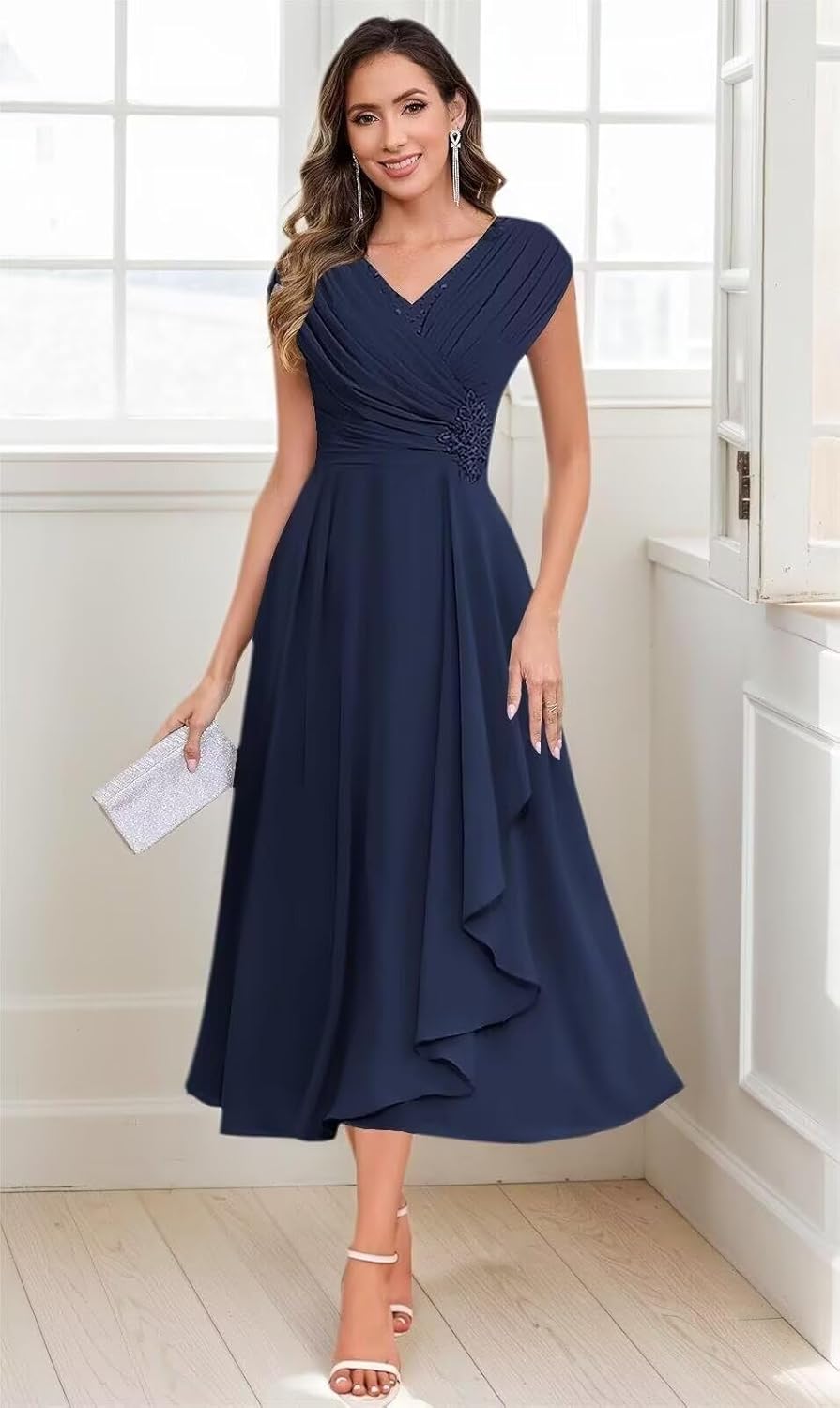 Floral Mother of The Bride Dresses for Women 2025 Sparkly Cap Sleeve Wedding Guest Dress Chiffon Ruffled Evening Gown