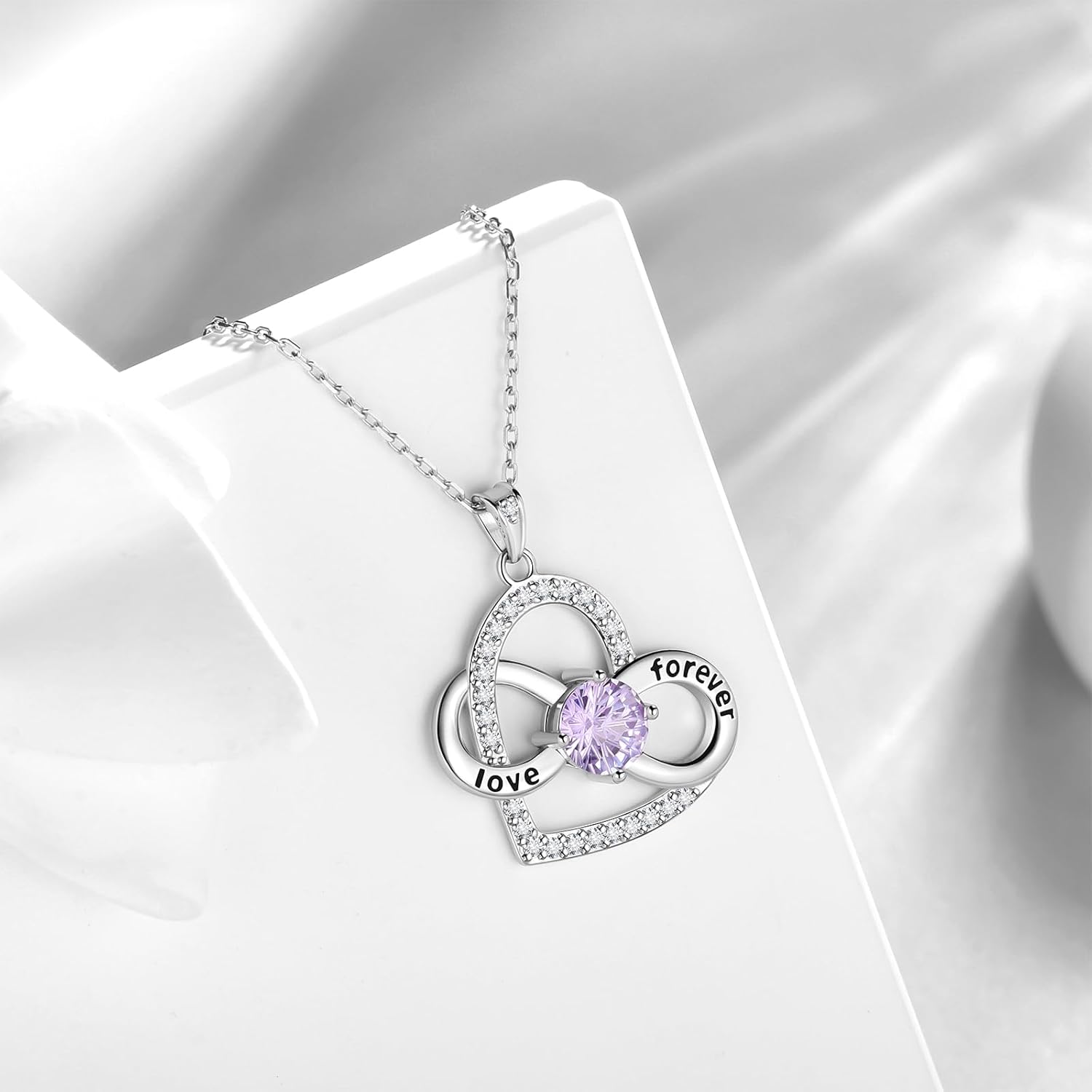 Birthstone Love Heart Infinity Pendant Necklace - 925 Sterling Silver Firework-Cut Cubic Zirconia Love Forever Infinity Necklace Anniversary Birthday Jewelry Gift for Women Wife Mom Daughter - Image 2