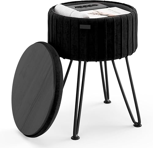 Miniatura 22 de STORAGEBUD Otomana redonda con almacenamiento, otomana de almacenamiento de terciopelo plisado, taburete de pie, taburete de maquillaje, otomanas