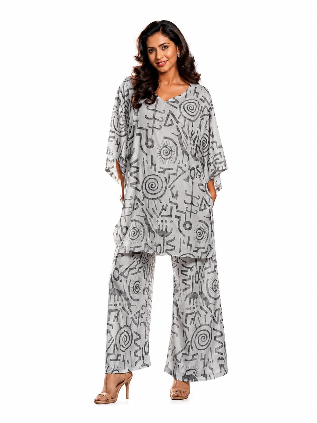 Cotton Printed Kaftan Co-Ord Set | Grey Abstract Geometric Print Kaftan Top with Palazzo Pants | Free Size Relaxed Fit Lounge Wear, Travel Wear & Resort Wear for Women-image-31