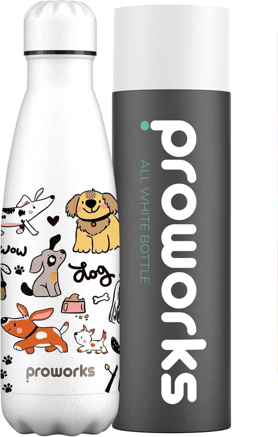 Dog Water Bottle 500ml โ Proworks Stainless Steel Insulated Water Bottle | Leakproof Screw Lid | Double Wall Vacuum Flask Keeps Drinks Hot 12 Hours Cold 24 Hours | BPA Free | White Dog Party โ image 1