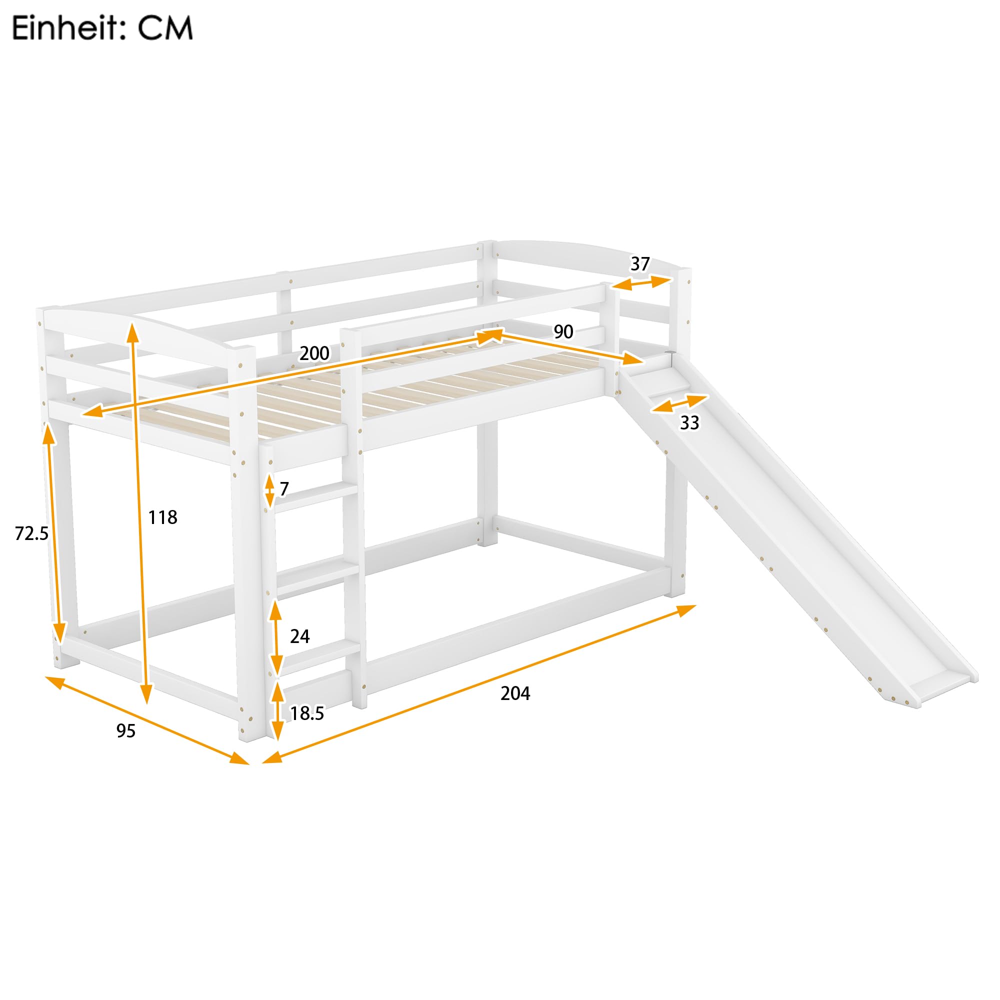 Rtopsu Kinderbett Etagenbett 90x200 cm, Hochbett mit Treppe und Rutsche für 1-2 Kinder, Bett Bettgestell mit Rausfallschutz und Lattenrost aus Holz, Weiß, Ohne Matratze