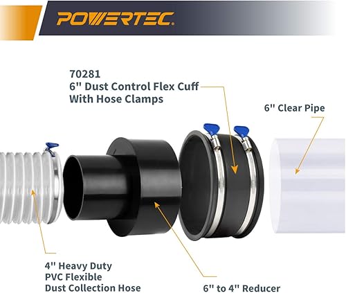 Miniatura 4 de POWERTEC 70281 - Manguito flexible de control de polvo de 6 pulgadas con abrazaderas de manguera ajustables, conector de manguera, acoplador de