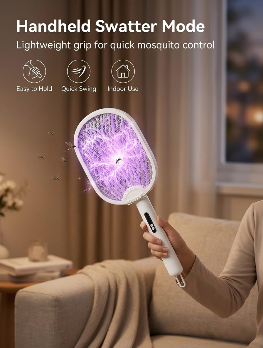 WOCVRYY Składana Elektryczna łapka na Komary 4000 V Urządzenie 3 w 1 ładowane Przez USB (Akumulator 1800 mAh) z Oświetleniem LED Przenośna Rakieta na Komary do Użytku Wewnątrz i na Zewnątrz