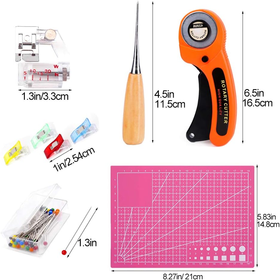 Bias Tape Maker Set, Sewing Fabric Bias Tape Maker Tool Kit 6MM 12MM 18MM 25MM with Quilting Clips, Fabric Cutter and A5 Cutting Mat