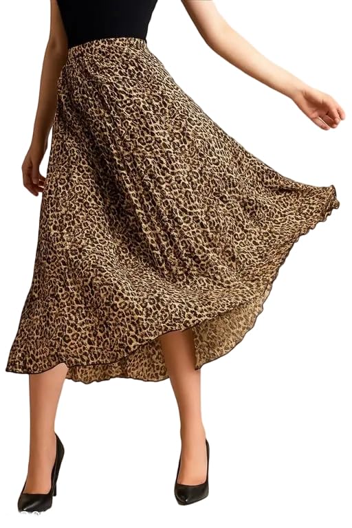 Women?s Animal Print Flared Midi Skirt with Pleats-picture-31