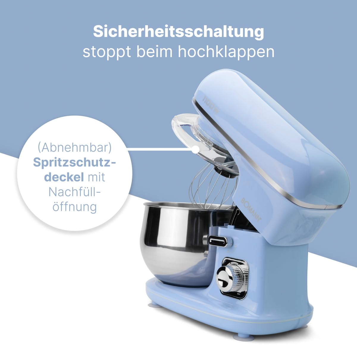 Bomann® Küchenmaschine 1100 Watt | Knetmaschine 5L | inkl. Knethaken, Rührhaken und Schneebsen | für bis zu 3 kg Teig | robustes Spezialgetriebe | Food Processor | Teigmaschine KM 6030 CB blau