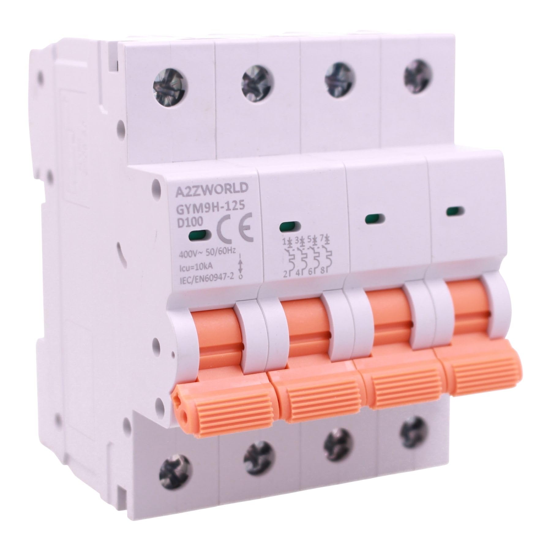 4 interruptores magnetotérmicos trifásicos 4P 100 A D100, curva D 10 kA, 4 módulos DIN 380 V AC, certificado IEC60898-1, serie GYM9H-125 profesional