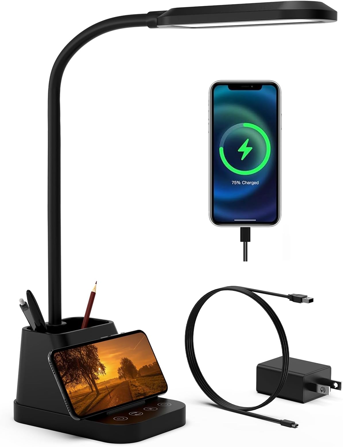 LED Desk Lamp with USB Charging Port, Study Table Light for Home Office Bedrooms, Black, Flexible Gooseneck, Small, 650LM, Pen Holder, Timer Settings, School Essentials for College Dorm Room