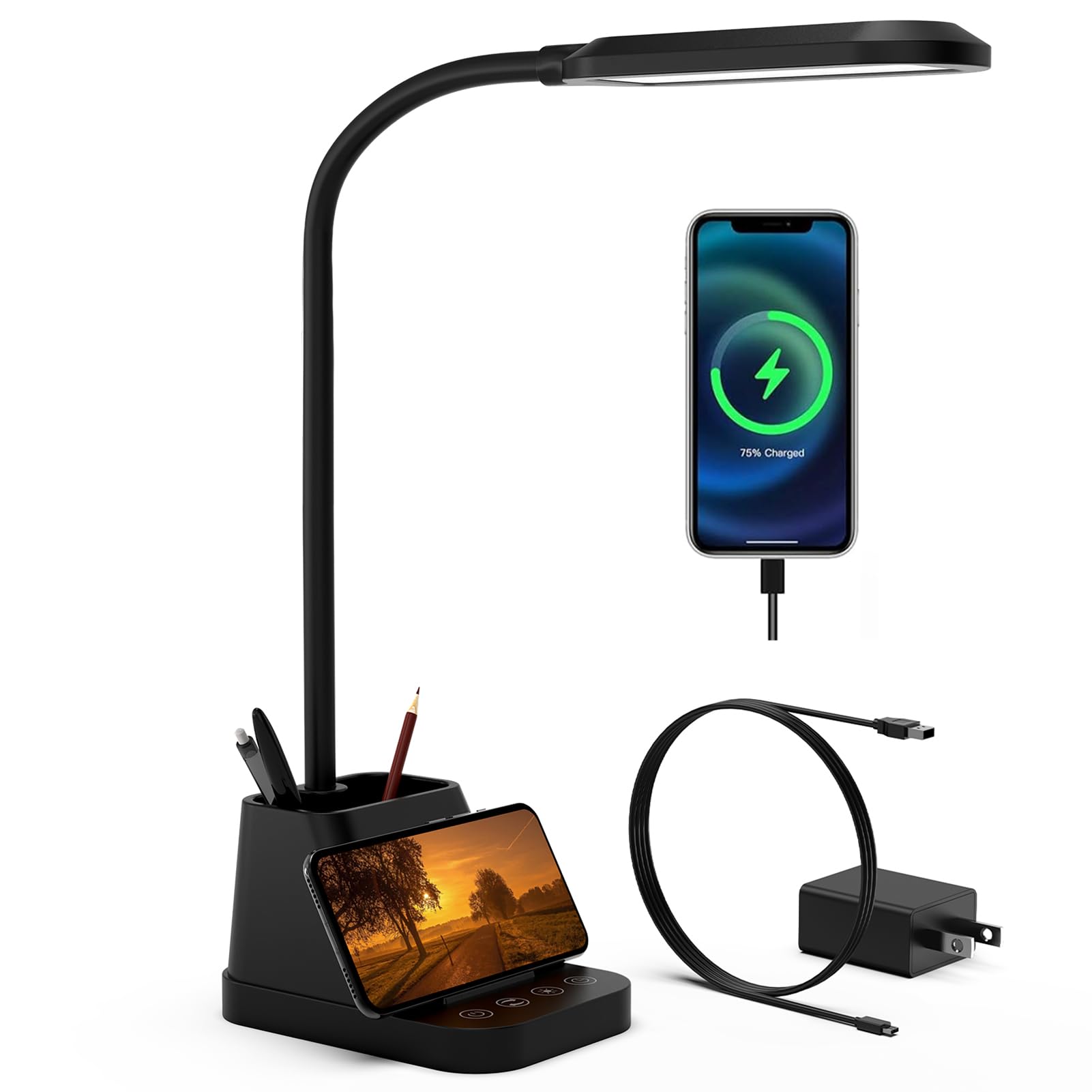LED Desk Lamp with USB Charging Port for Home Office, AXX Desk Light for Bedrooms, Black Office Lamp for Small Spaces, 650LM, Gooseneck, Pen Holder, Study Lamps for College Dorm Room