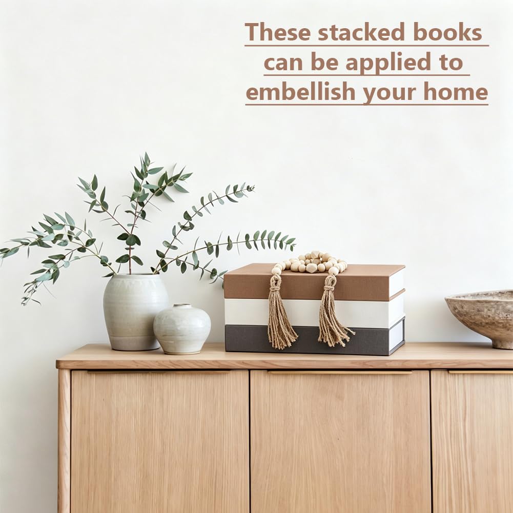 OLYCRAFT 3 pz Libro Decorativo Finto per La Casa, Scatola A Forma di Libro Rivestita in Lino con Ghirlanda di Perline, Set di Libri Finti Impilati in Stile Rustico Boho, Libri Decorativi
