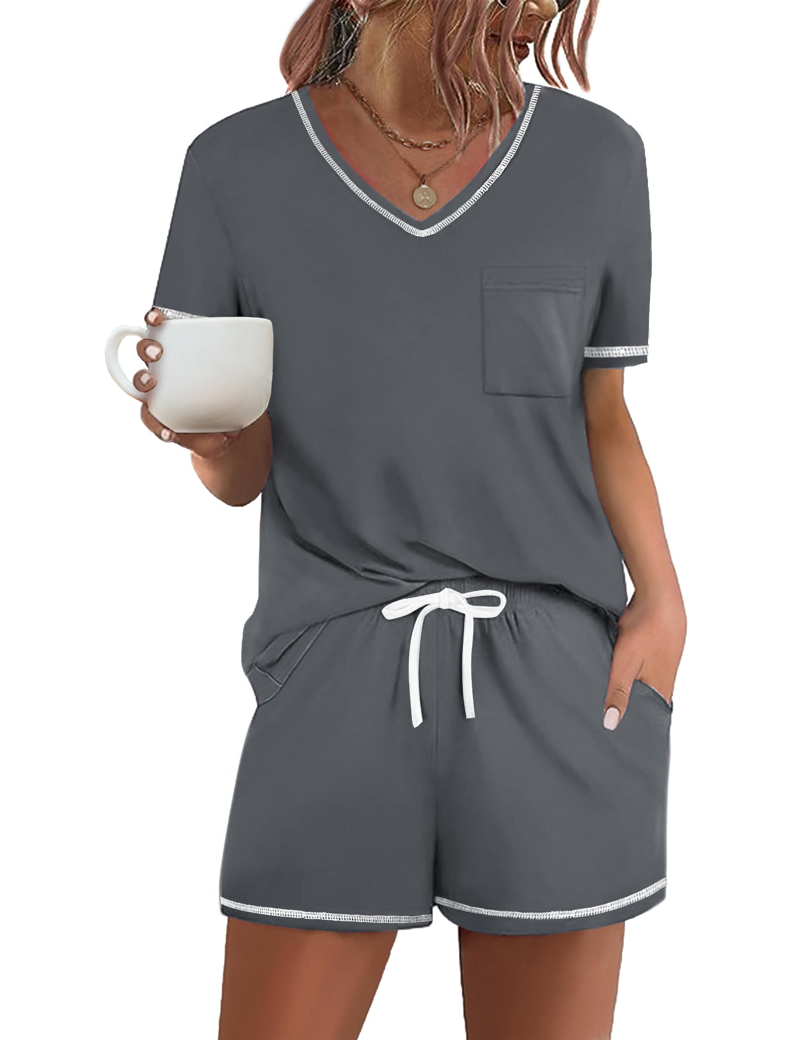Ekouaer Women's Pajama Sets Short Sleeve Pjs 2 Piece Top and Shorts Sleepwear Comfy Soft Lounge Sets with Pockets