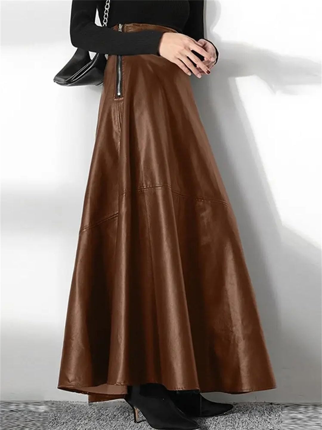 Women's PU Leather Skirt High Waist Zipper Elegant Long Skirt