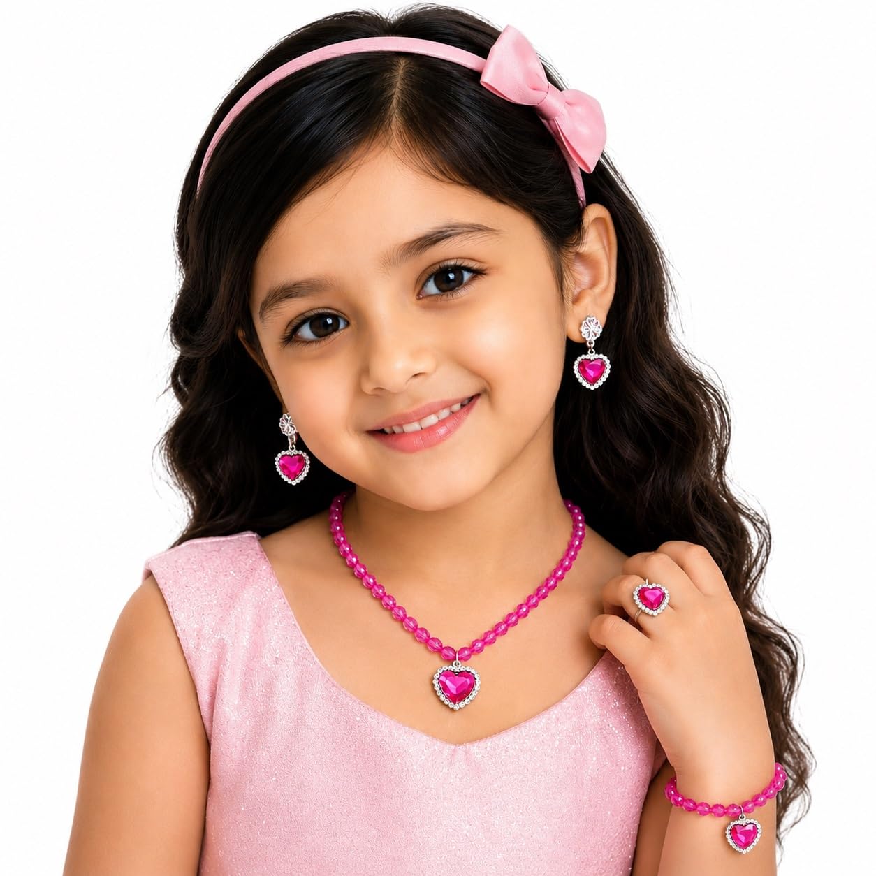 TASMAI MARKETING Girls Princess Jewellery Set – Heart Pendant Necklace, Bracelet & Clip-On Earrings,Ring – Dress-Up Accessories for Kids, Toddler Costume Jewelry, Party Favor Gift Set (RoseRed) 2