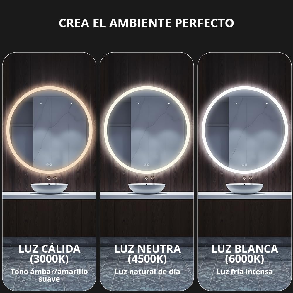 Marcanti Espejo Baño con Luz LED Regulable 80 cm Antivaho Interruptor Táctil Brillo Ajustable Memoria