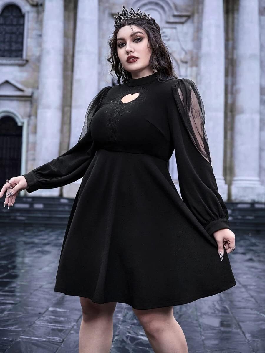 LANSHULAN Gothic Plus Size Keyhole Neckline Puff Sleeve Gothic Dress