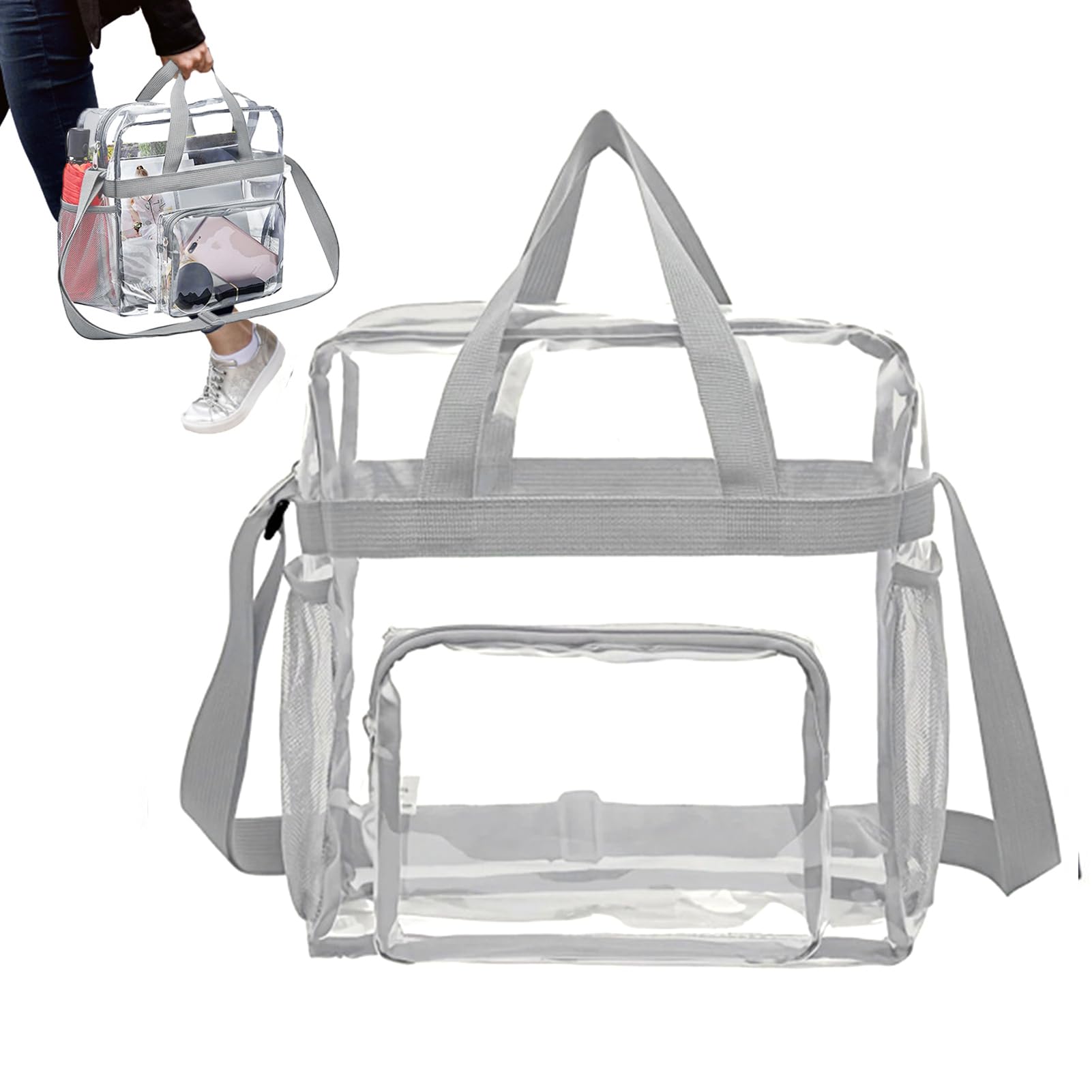 Borsa per il trasporto trasparente, piccola borsa a tracolla trasparente in PVC, borsa da stadio con cerniera e tasche per shopping, viaggi, festival