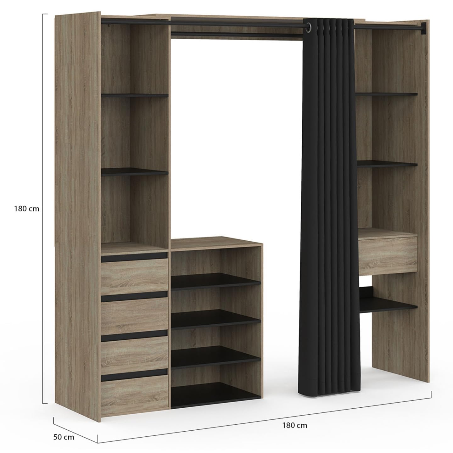 IDMarket - Dressing extensible double XXL MERYL 120/180 cm hêtre avec tiroirs + étagères + penderie + rideau noir