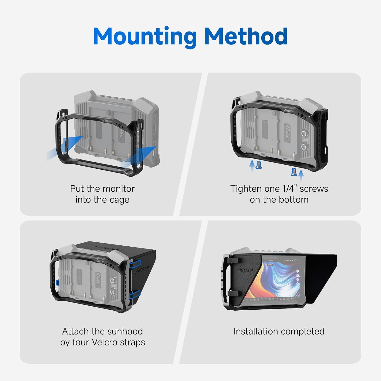 Accsoon CineView M7 Pro 7 inch Camera Field Monitor Cage Kit with Detachable Sunshade for CineView M7 Pro Wireless Video Transmitter&Receiver& Monitor with Multiple Anti-Rotation 1/4” Mounts, 222g