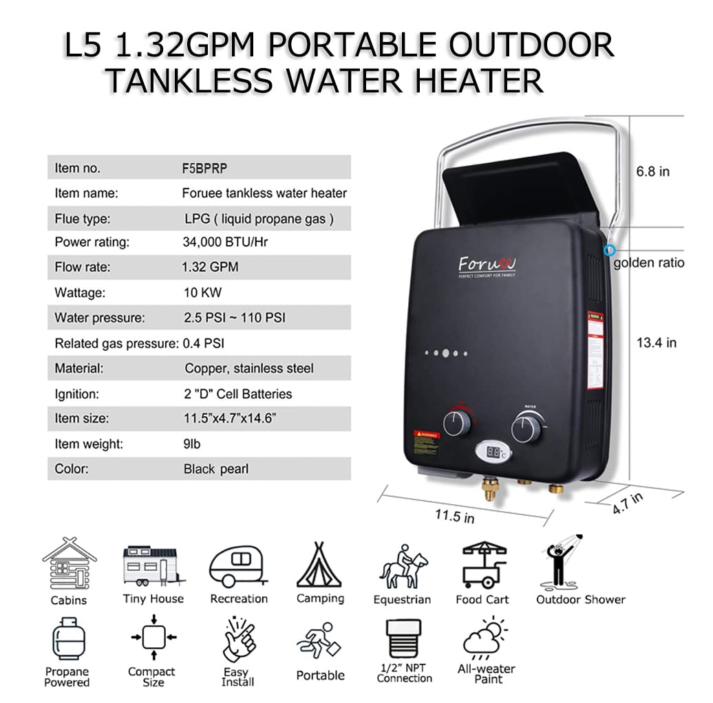 Portable Propane Tankless Water Heater, 1.32GPM/5Litre Capacity, 6-IN-1  Multiple Protection, 7 More Usage Scenarios, Low Pressure Startup, Black -  Amazon.com