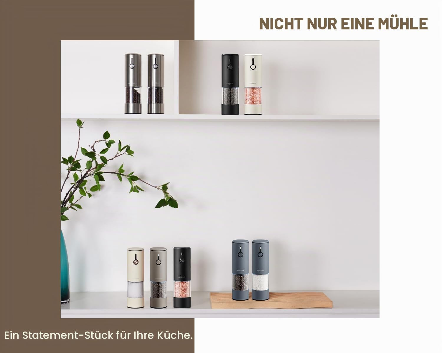 Edelstahl Elektrische Salz- und Pfeffermühlen Set USB-wiederaufladbar – 6 Mahlstufen, LED Licht & Staubschutzdeckel – 2er-Set Braun