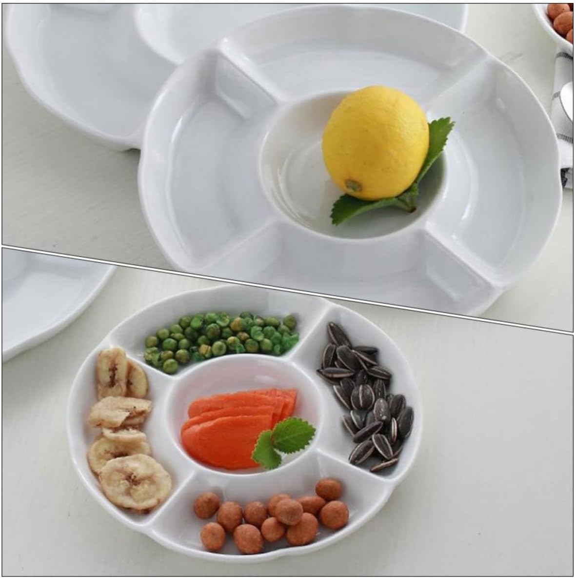 Garneck 2pcs -compartment Plastic Fruit Plate with Smooth Polishing, Food Storage Tray and Serving Holder, White Simple Design Fruit Tray for Home Kitchen and Snack Display