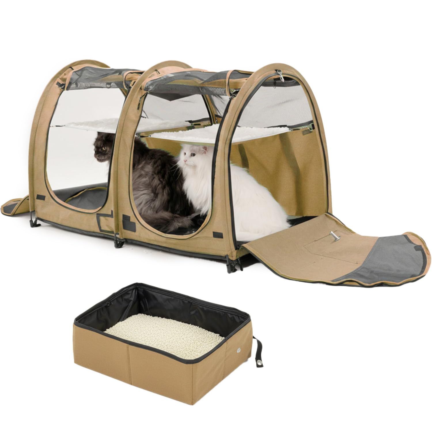 porayhut Mispace Portable Twin Compartment Show House Cat Cage/Condo - Easy to Fold & Carry Kennel - Comfy Puppy Home & Dog Travel Crate with Portable Carry Bag/Hammocks/Mats and Litter Box